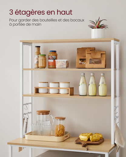 Étagère cuisine, Etagere micro onde, 6 Étagères et 6 Crochets, Cadre en Acier, Chêne et Blanc, Vasagle, 1