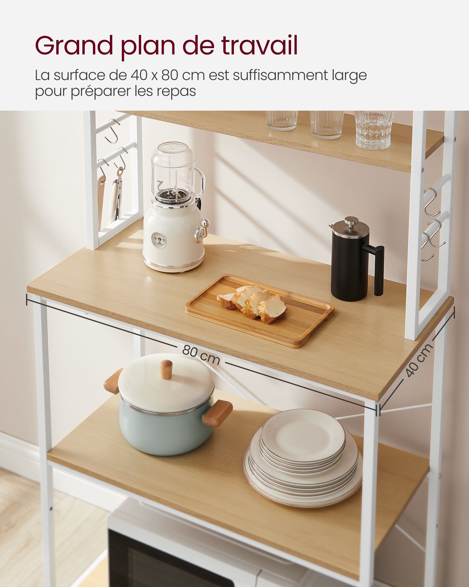 Étagère cuisine, Etagere micro onde, 6 Étagères et 6 Crochets, Cadre en Acier, Chêne et Blanc, Vasagle, 1