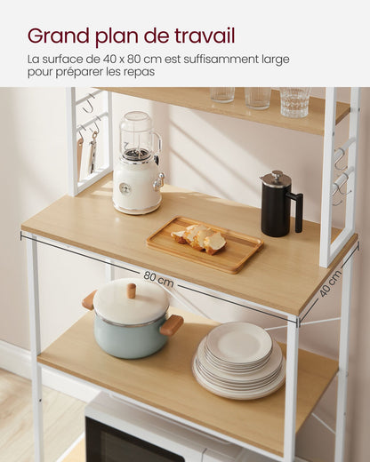 Étagère cuisine, Etagere micro onde, 6 Étagères et 6 Crochets, Cadre en Acier, Chêne et Blanc, Vasagle, 1