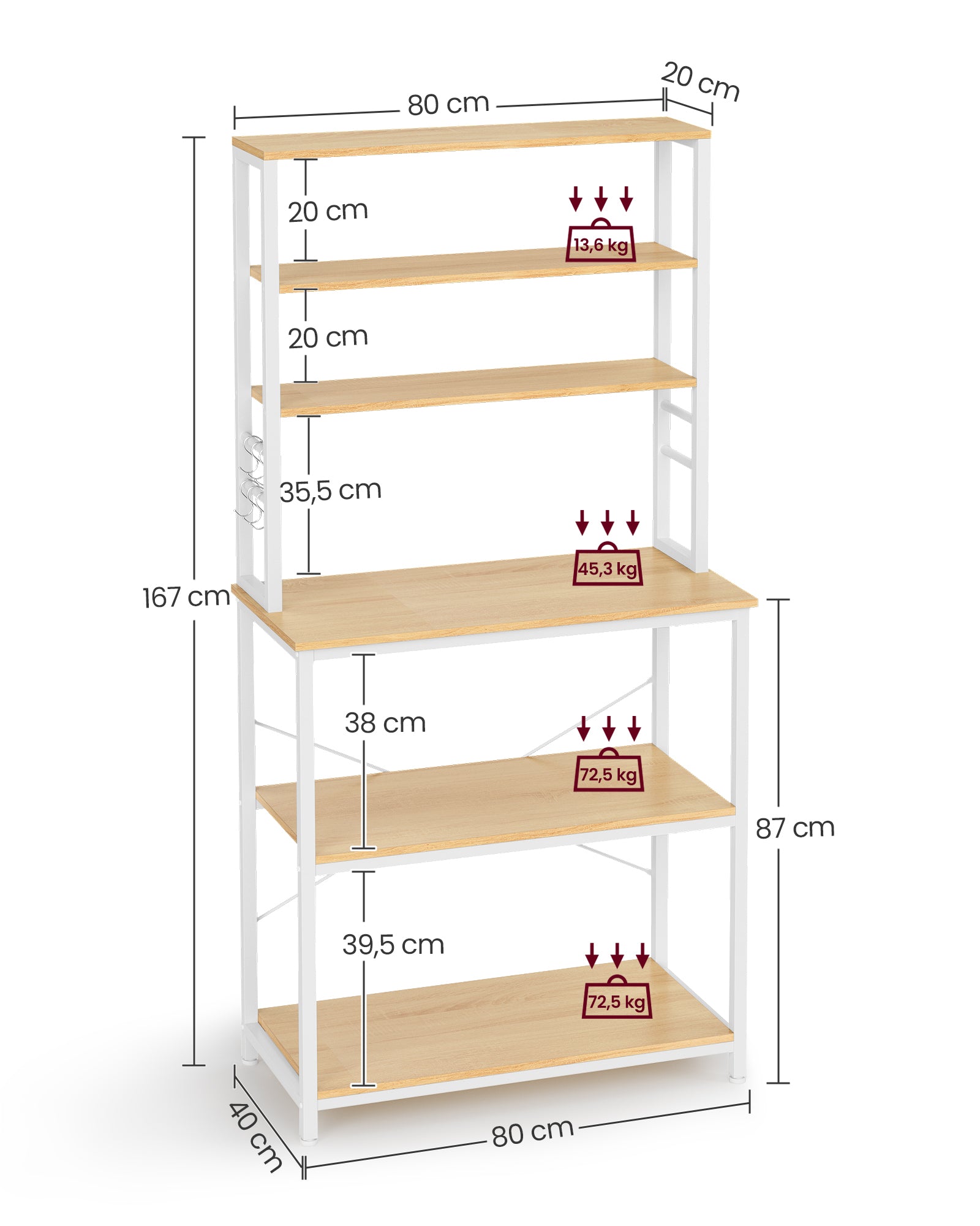 Étagère cuisine, Etagere micro onde, 6 Étagères et 6 Crochets, Cadre en Acier, Chêne et Blanc, Vasagle, 1