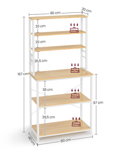 Étagère cuisine, Etagere micro onde, 6 Étagères et 6 Crochets, Cadre en Acier, Chêne et Blanc, Vasagle, 1