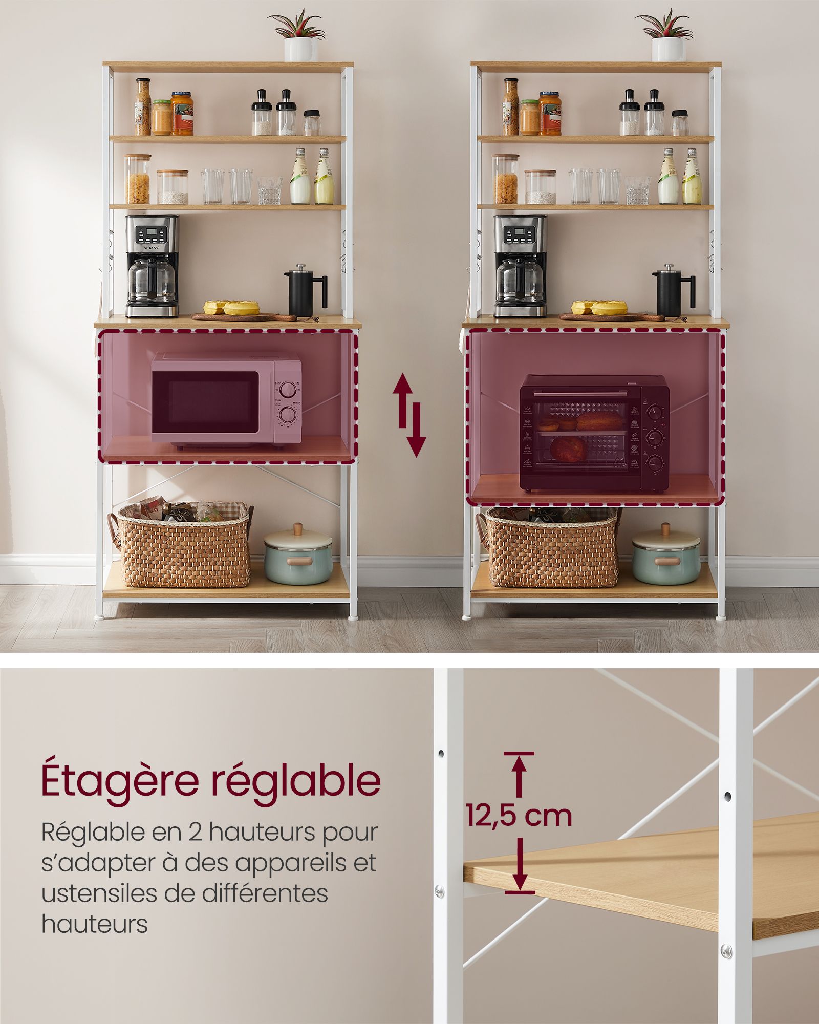 Étagère cuisine, Etagere micro onde, 6 Étagères et 6 Crochets, Cadre en Acier, Chêne et Blanc, Vasagle, 1