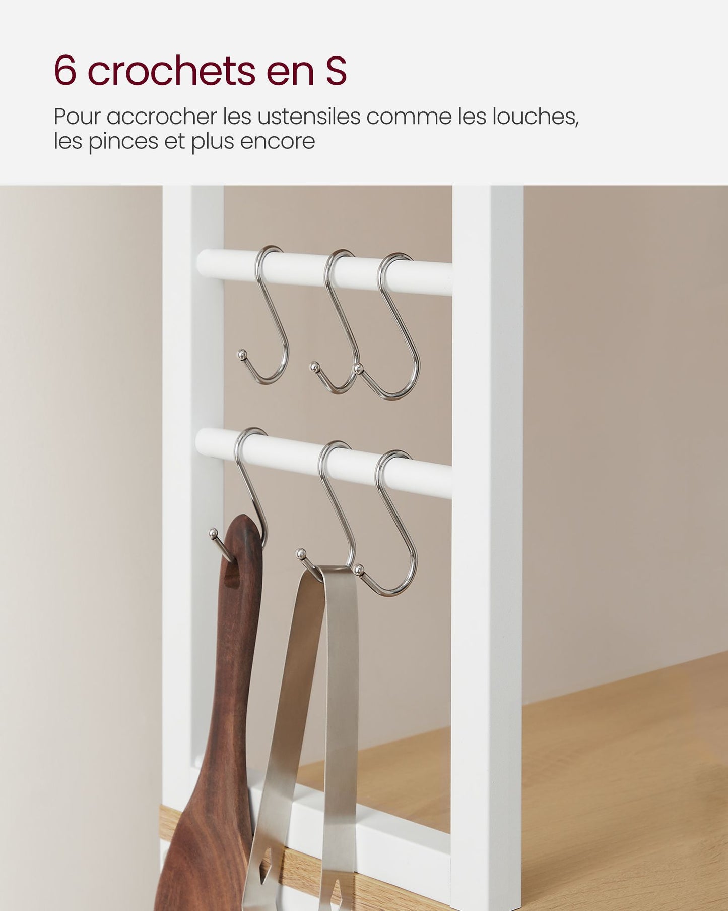 Étagère cuisine, Etagere micro onde, 6 Étagères et 6 Crochets, Cadre en Acier, Chêne et Blanc, Vasagle, 1