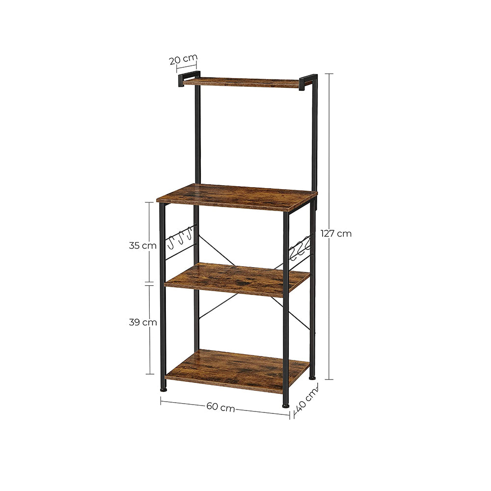 Étagère cuisine, Etagere micro onde, 3 Niveaux, Etagere sur pied, 6 Crochets en S, Marron Rustique et Noir, Vasagle, 1