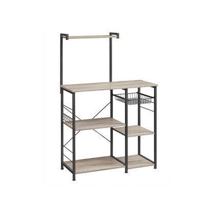 Étagère cuisine, Etagere micro onde, Etagere sur pied, avec panier métallique, 6 crochets en S, Greige et noir, Vasagle, 1