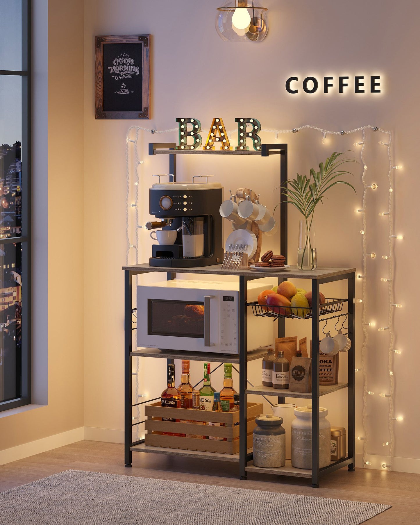 Étagère cuisine, Etagere micro onde, Etagere sur pied, avec panier métallique, 6 crochets en S, Greige et noir, Vasagle, 1