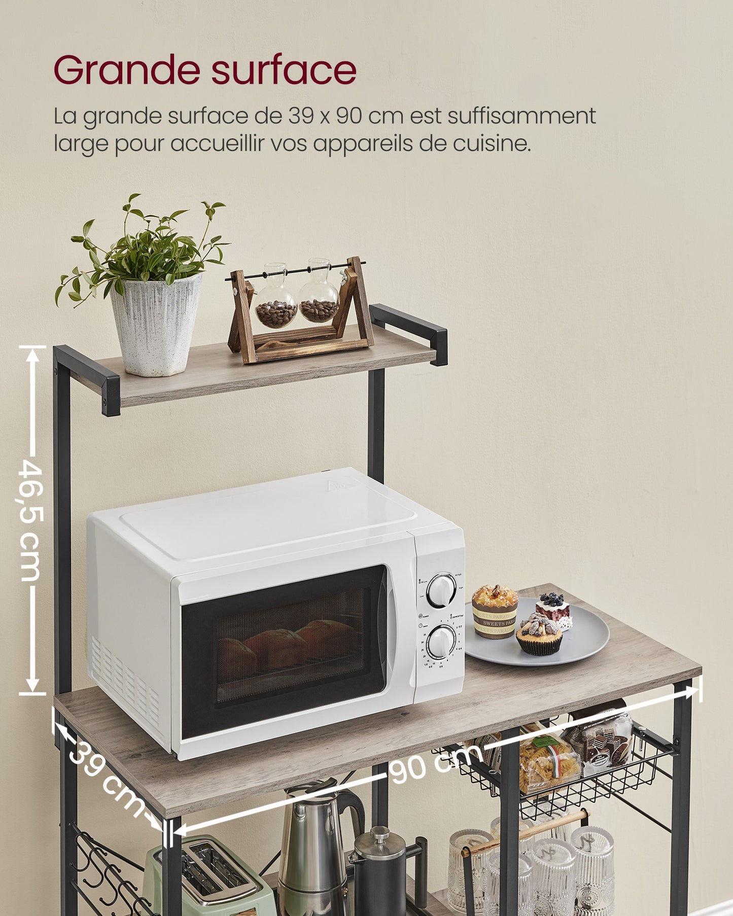 Étagère cuisine, Etagere micro onde, Etagere sur pied, avec panier métallique, 6 crochets en S, Greige et noir, Vasagle, 1