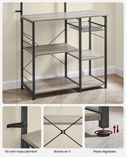 Étagère cuisine, Etagere micro onde, Etagere sur pied, avec panier métallique, 6 crochets en S, Greige et noir, Vasagle, 1