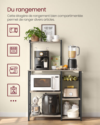 Étagère cuisine, Etagere micro onde, Etagere sur pied, avec panier métallique, 6 crochets en S, Greige et noir, Vasagle, 1