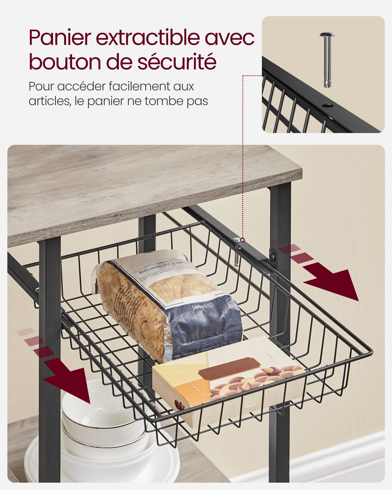 Étagère cuisine, Etagere micro onde, Etagere sur pied, avec panier métallique, 6 crochets en S, Greige et noir, Vasagle, 1