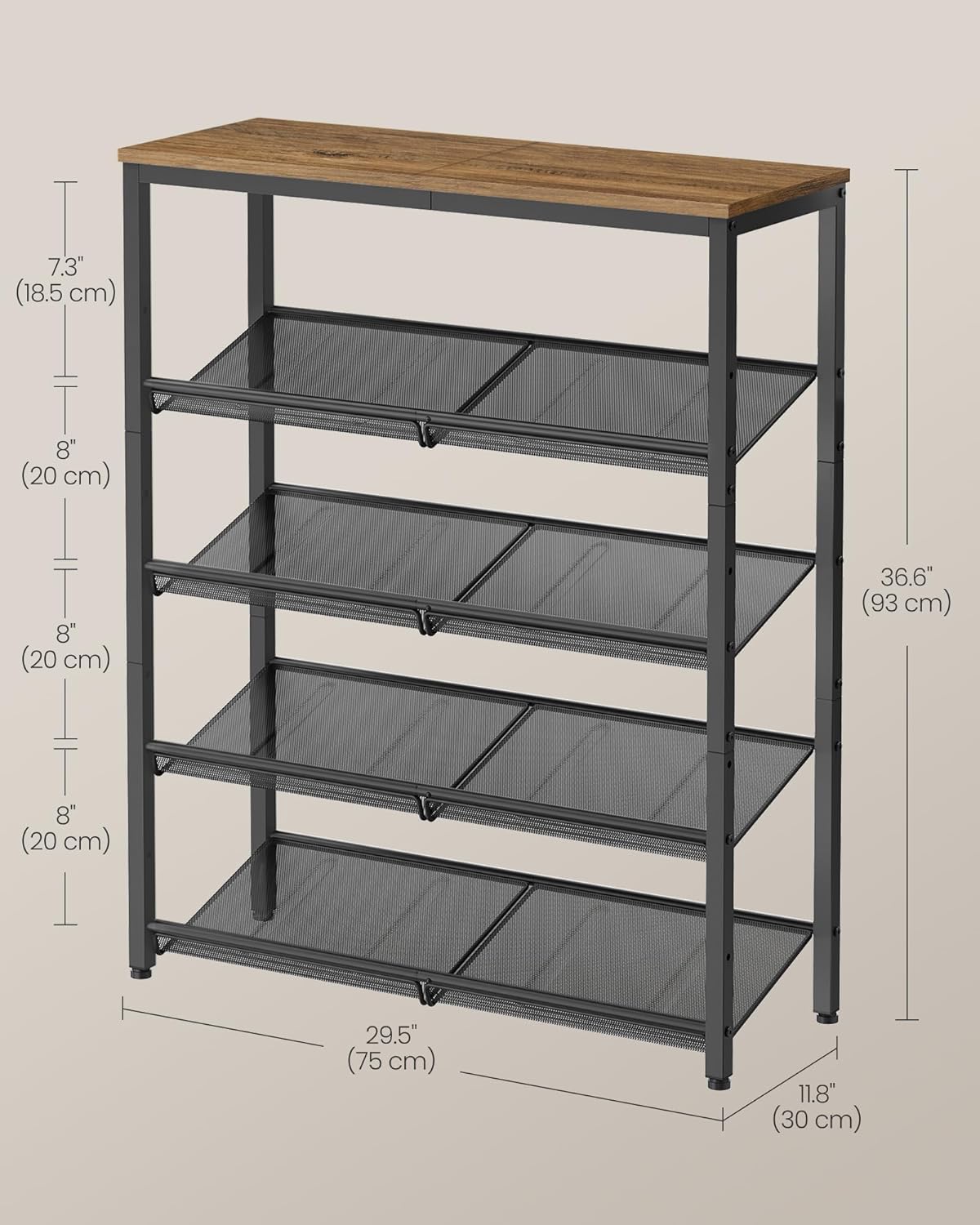 Étagère à Chaussures, 5 Niveaux, avec 4 Étagères Grillagées, 1 Grand Dessus pour Sacs, en Métal, Marron et Noir, VASAGLE, 3