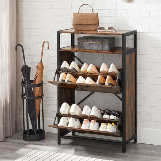 Meuble à Chaussures, Porte Chaussures, à 2 Abattants, pour 8-12 Paires, Anti-poussière, Marron Rustique et Noir, VASAGLE, 1