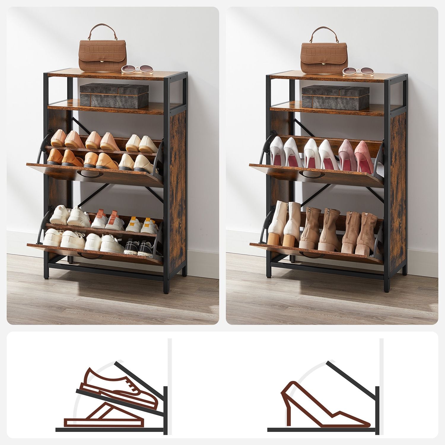 Meuble à Chaussures, Porte Chaussures, à 2 Abattants, pour 8-12 Paires, Anti-poussière, Marron Rustique et Noir, VASAGLE, 6