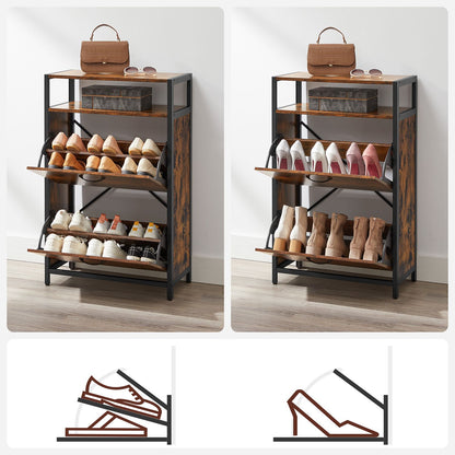 Meuble à Chaussures, Porte Chaussures, à 2 Abattants, pour 8-12 Paires, Anti-poussière, Marron Rustique et Noir, VASAGLE, 6