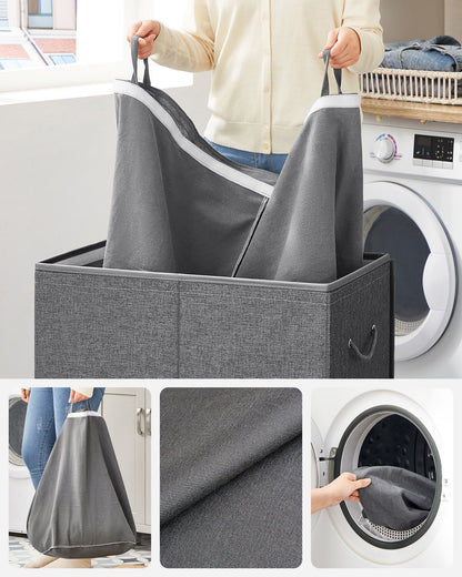 Panier à Linge avec Couvercle, 2 Compartiments, 142 L, Couvercle Magnétique et Poignées, Sac interne Amovible, Gris, SONGMICS, 7