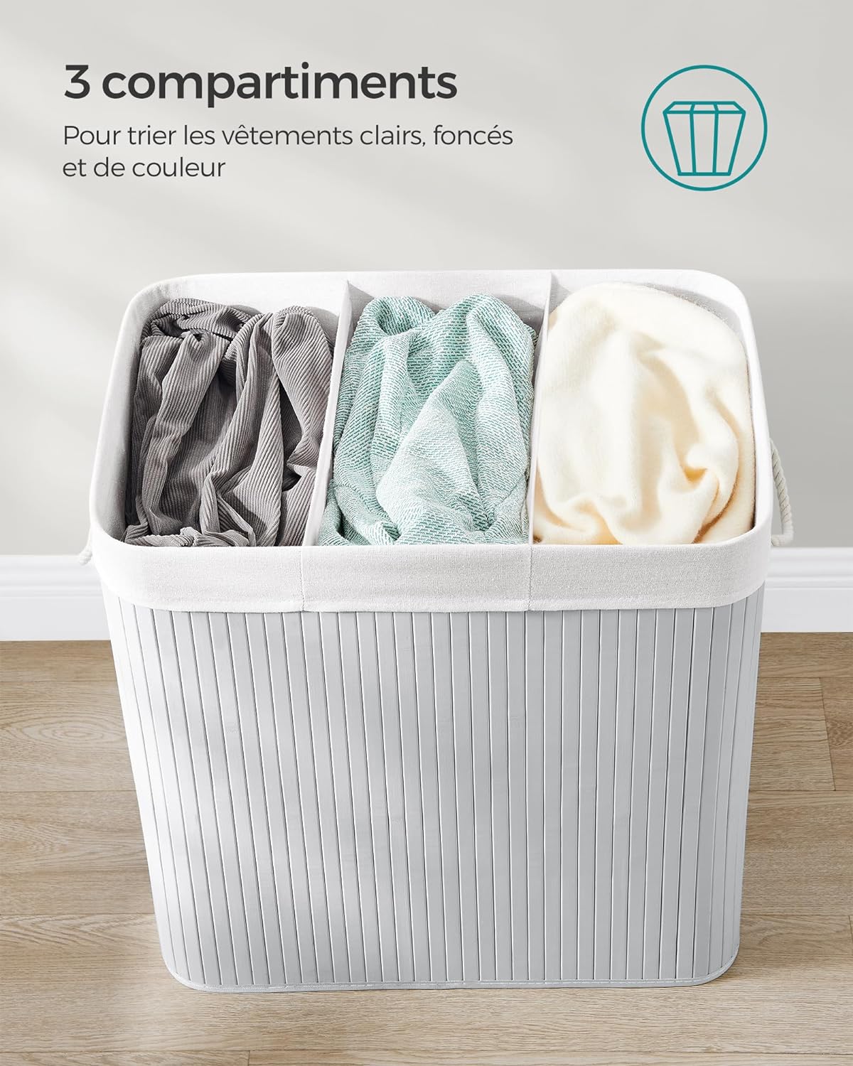 Panier à Linge Pliable, Panier Linge Bois, avec couvercle et poignées, Corbeille à linge 150L, pliable, Gris, SONGMICS, 6