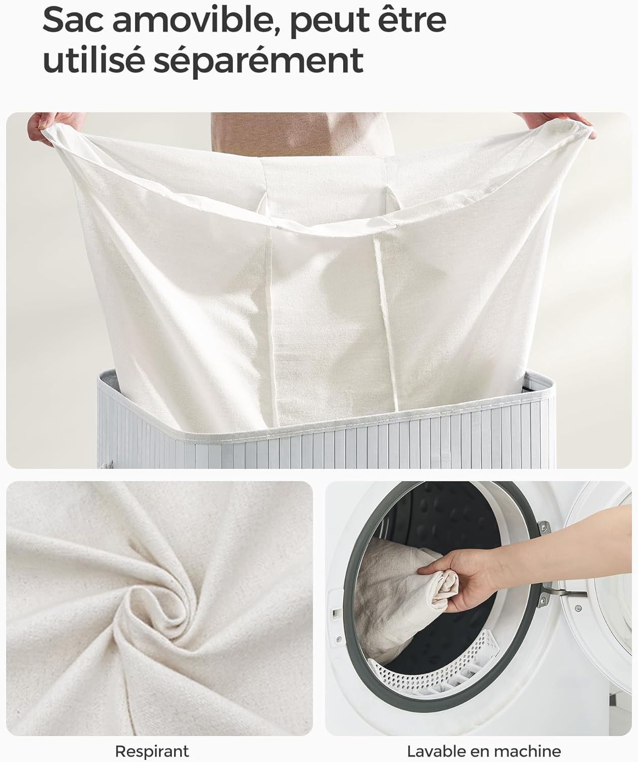 Panier à Linge Pliable, Panier Linge Bois, avec couvercle et poignées, Corbeille à linge 150L, pliable, Gris, SONGMICS, 5