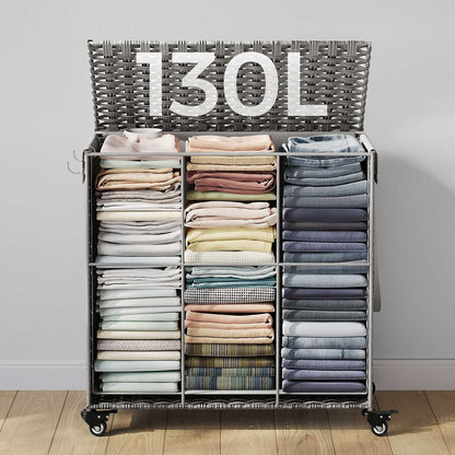 Panier à Linge Pliable, Panier Linge Bois, Panier à Linge Tissé à la Main, 140L, 66 x 33 x 60 cm, Gris, SONGMICS, 2