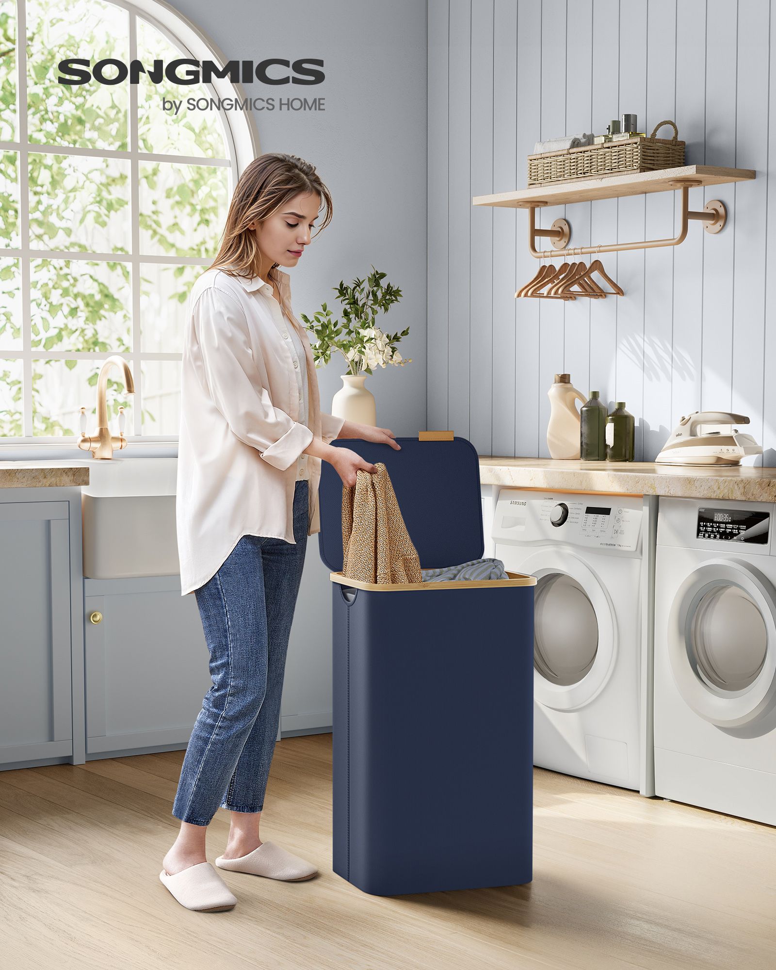Panier à Linge avec Couvercle, 90L, Panier à Linge Pliable, Gain de Place, Doublure en Maille Amovible, Bleu,, SONGMICS, 3