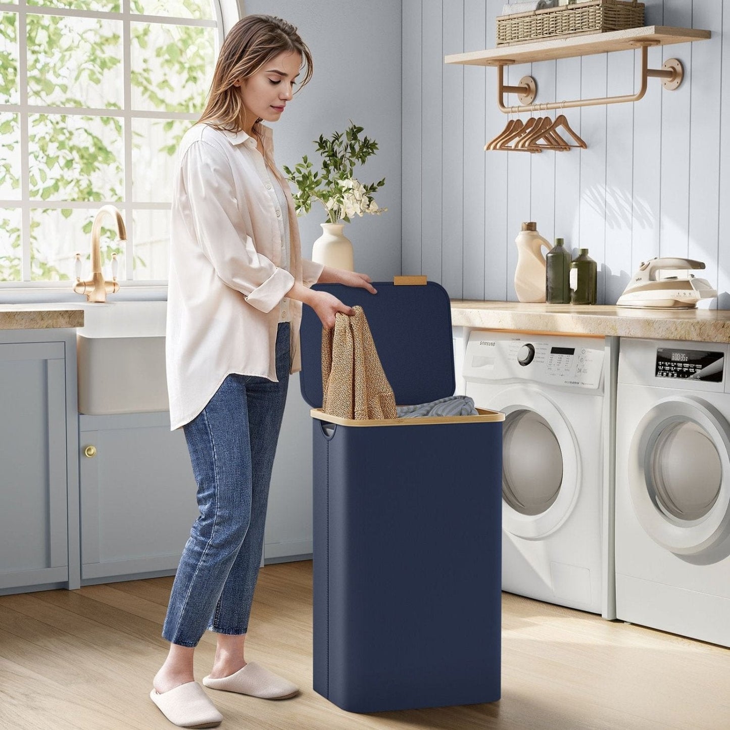 Panier à Linge avec Couvercle, 90L, Panier à Linge Pliable, Gain de Place, Doublure en Maille Amovible, Bleu,, SONGMICS, 1