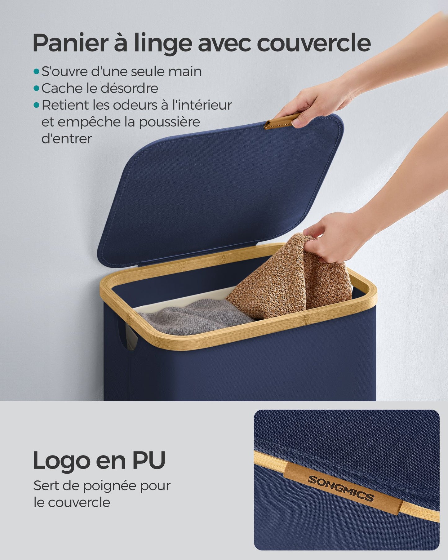 Panier à Linge avec Couvercle, 90L, Panier à Linge Pliable, Gain de Place, Doublure en Maille Amovible, Bleu,, SONGMICS, 5