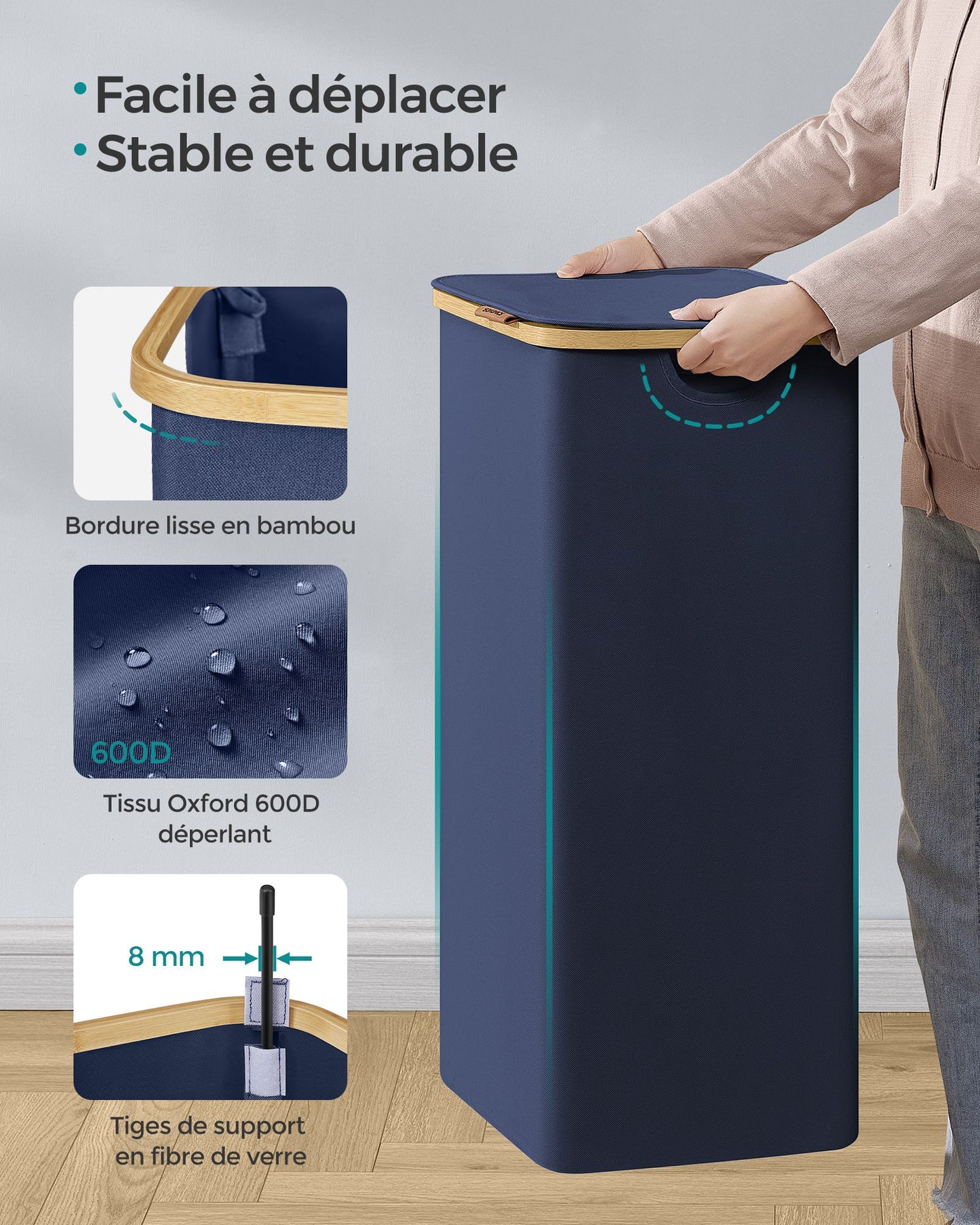 Panier à Linge avec Couvercle, 90L, Panier à Linge Pliable, Gain de Place, Doublure en Maille Amovible, Bleu,, SONGMICS, 8