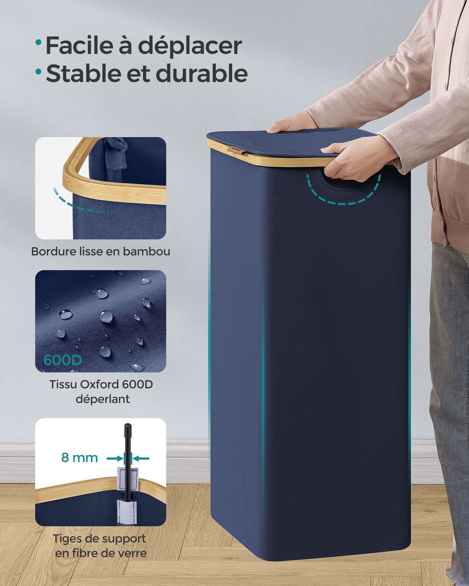Panier à Linge avec Couvercle, 90L, Panier à Linge Pliable, Gain de Place, Doublure en Maille Amovible, Bleu,, SONGMICS, 8