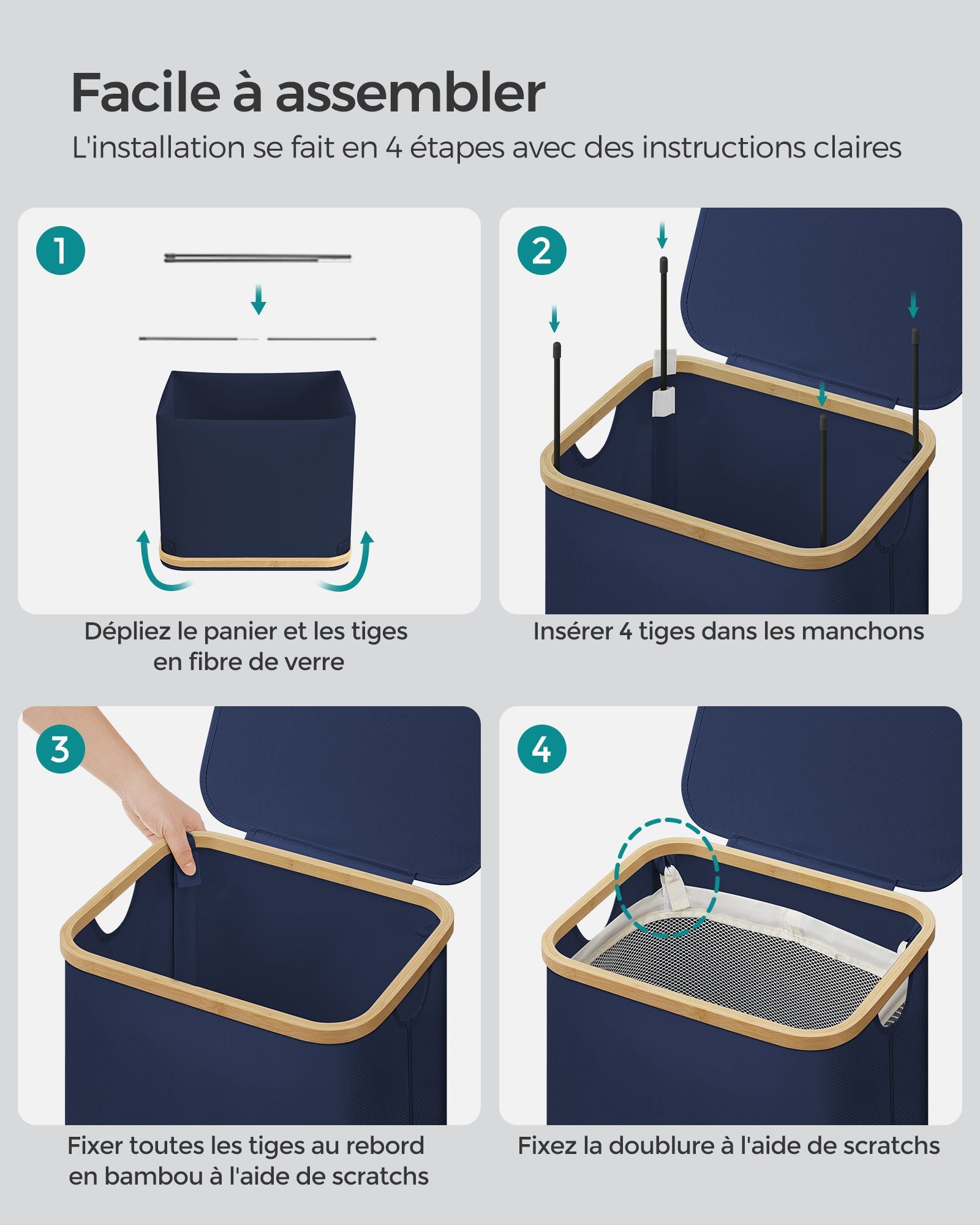 Panier à Linge avec Couvercle, 90L, Panier à Linge Pliable, Gain de Place, Doublure en Maille Amovible, Bleu,, SONGMICS, 9