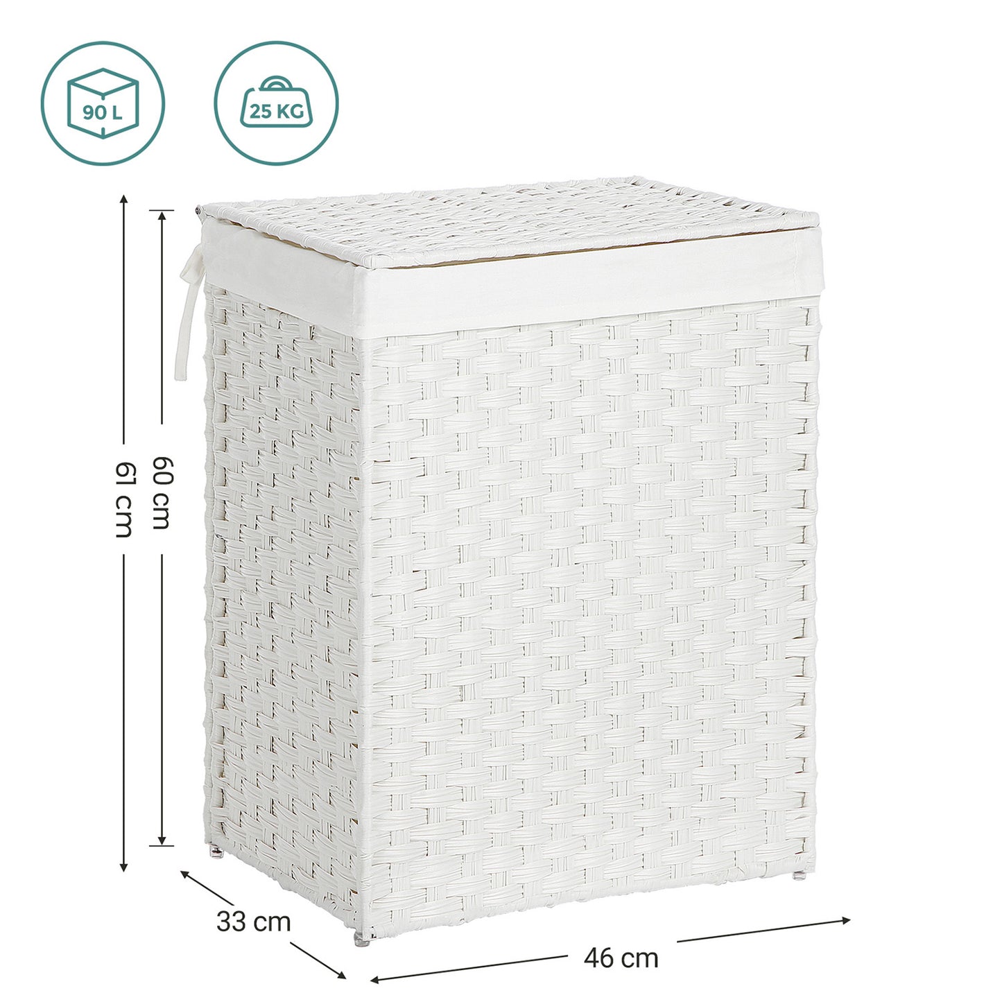 Panier à Linge avec Couvercle, 90L, Panier à Linge Pliable, avec poignées, Sac intérieur Amovible, Blanc, SONGMICS, 4