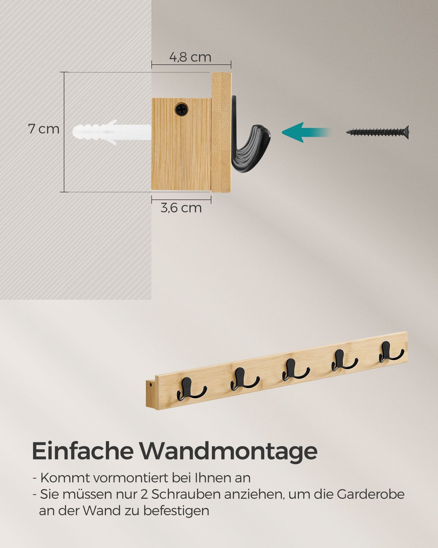 Porte manteau Mural, Patère Murale, Patères avec Étagère, 5 Crochets Doubles en Métal, Charge Jusqu’à 25kg, Beige, SONGMICS, 7