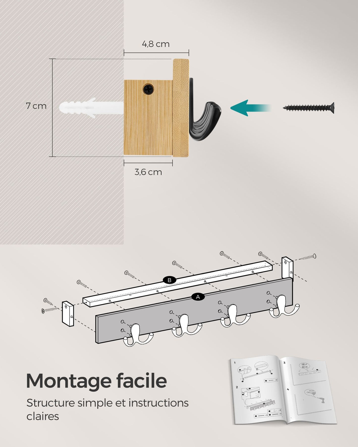 Patère Murale, Porte Manteau Mural, avec Étagère, 4 Crochets Doubles en Métal, Charge Jusqu’à 16 kg, Bambou, SONGMICS, 7