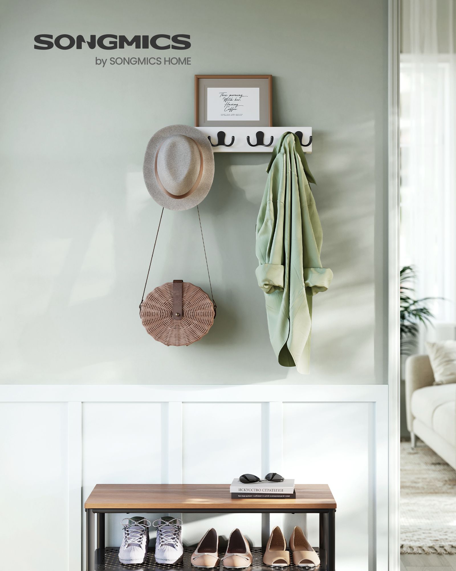 Porte Manteau Mural, Patère Murale, avec Étagère, 4 Crochets Doubles en Métal, Charge Jusqu’à 16 kg, Blanc, SONGMICS, 3