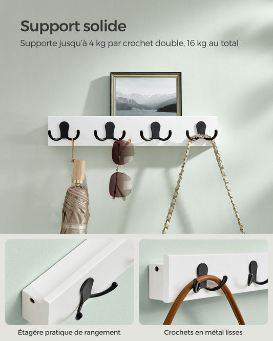 Porte Manteau Mural, Patère Murale, avec Étagère, 4 Crochets Doubles en Métal, Charge Jusqu’à 16 kg, Blanc, SONGMICS, 4