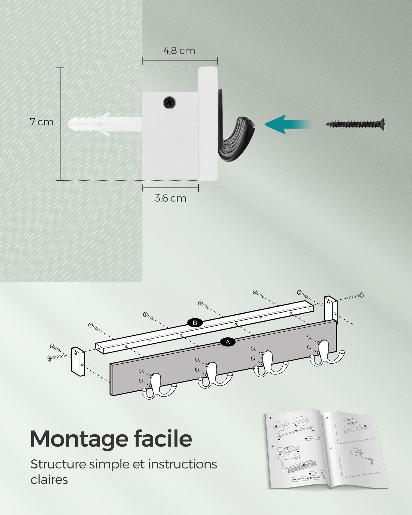 Porte Manteau Mural, Patère Murale, avec Étagère, 4 Crochets Doubles en Métal, Charge Jusqu’à 16 kg, Blanc, SONGMICS, 7
