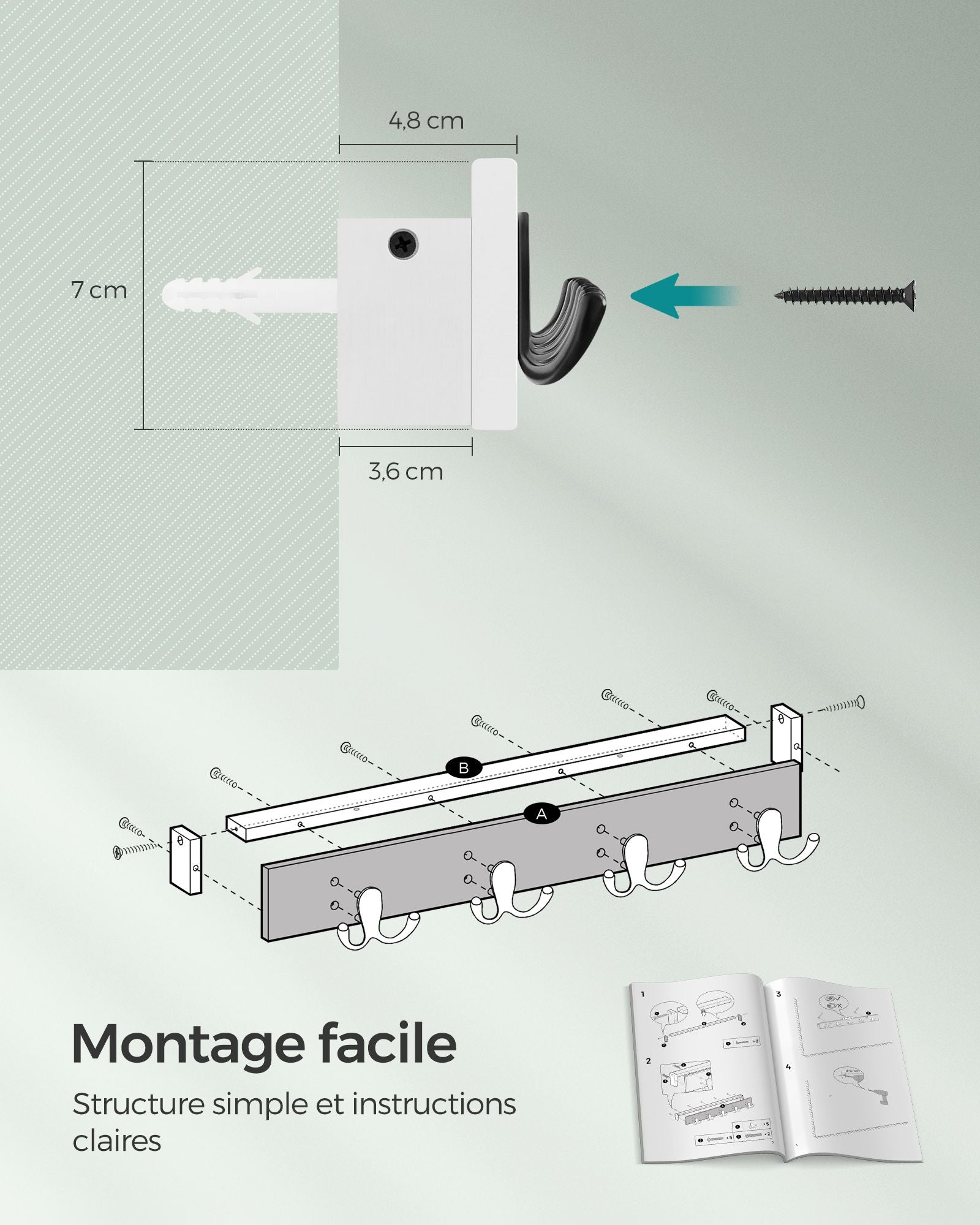 Porte Manteau Mural, Patère Murale, avec Étagère, 4 Crochets Doubles en Métal, Charge Jusqu’à 16 kg, Blanc, SONGMICS, 7
