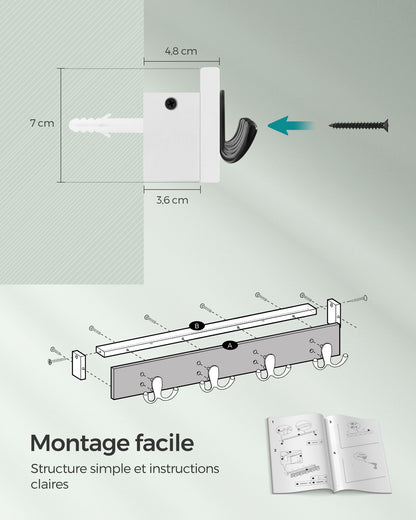 Porte Manteau Mural, Patère Murale, avec Étagère, 4 Crochets Doubles en Métal, Charge Jusqu’à 16 kg, Blanc, SONGMICS, 7