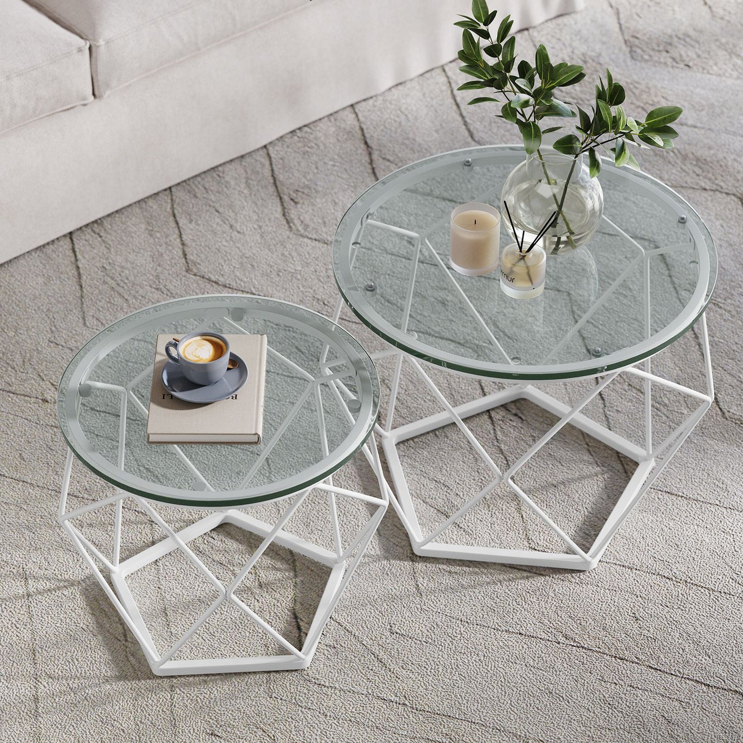 VASAGLE - Table Basse Ronde, Lot de 2, Table d’Appoint, Table de Salon, Buffet Bas, Plateau Amovible, Blanc