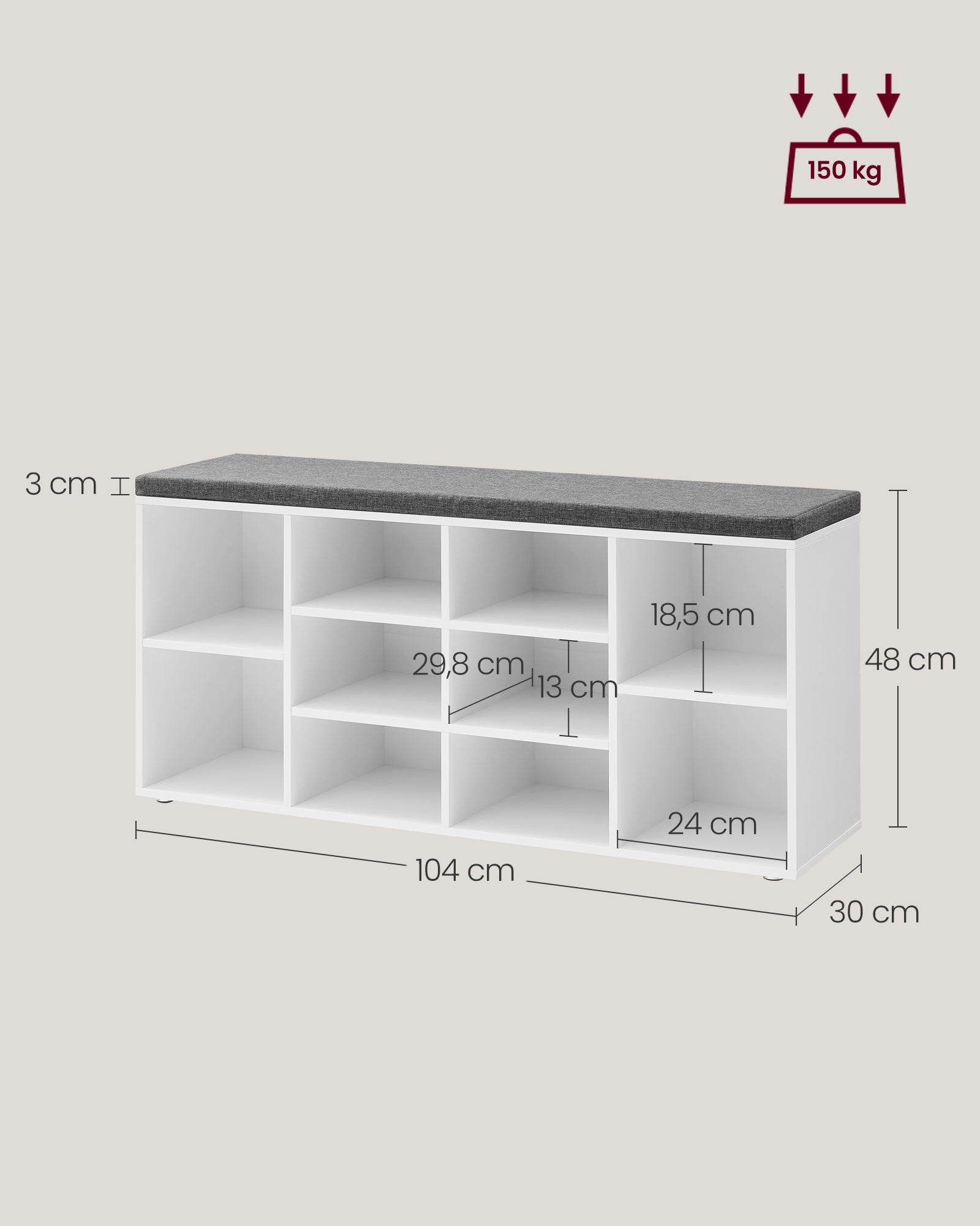 Banc à Chaussures Avec Rangement Et Assise Rembourrée - 90x36x45cm, Blanc, 4 Casiers Ouverts, Charge 150kg, Montage Facile