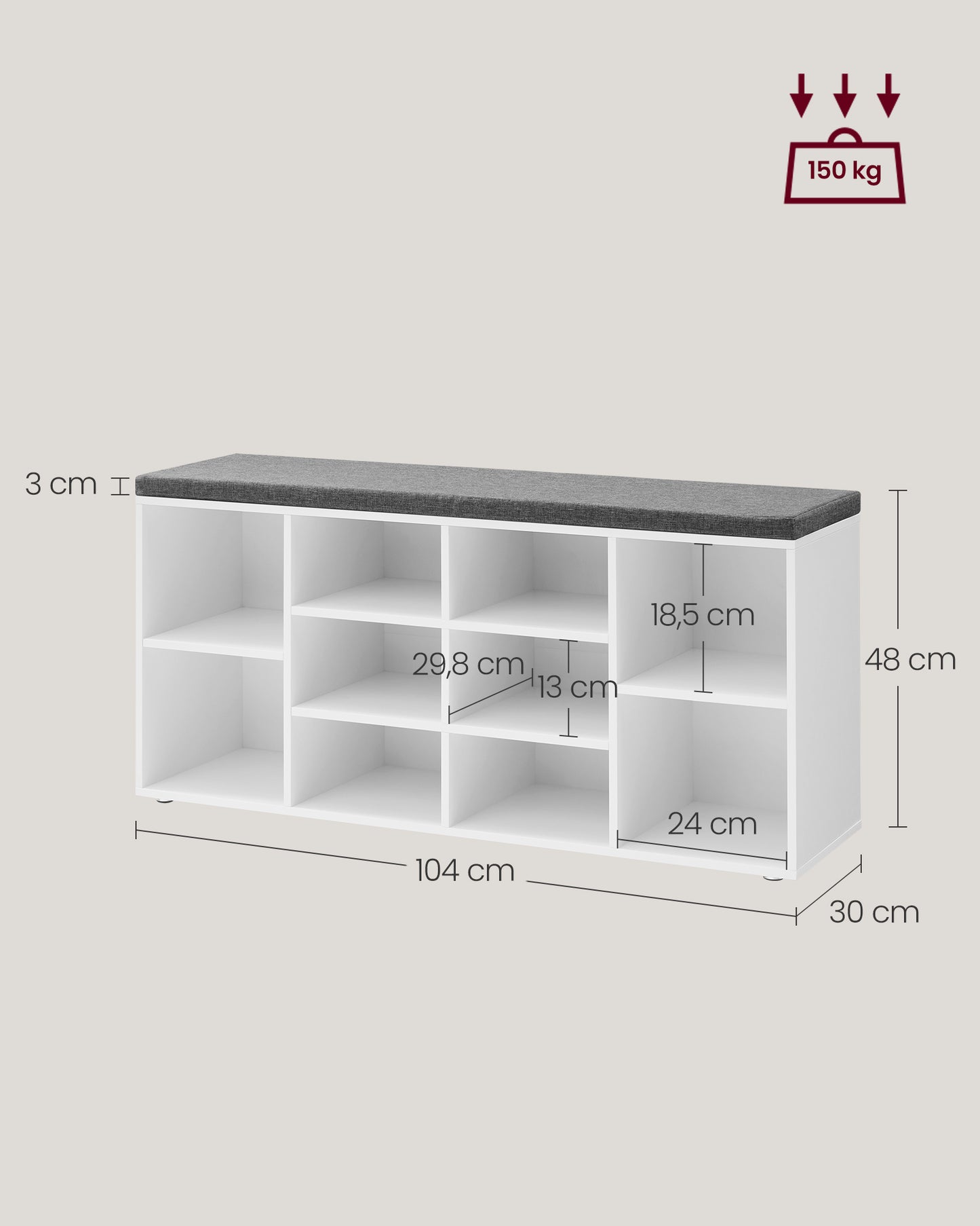 Banc Chaussures, 10 Compartiments, Banc Rangement Chaussures, Banc Chaussures Entrée, avec Coussin Rembourré, Blanc, VASAGLE, 3