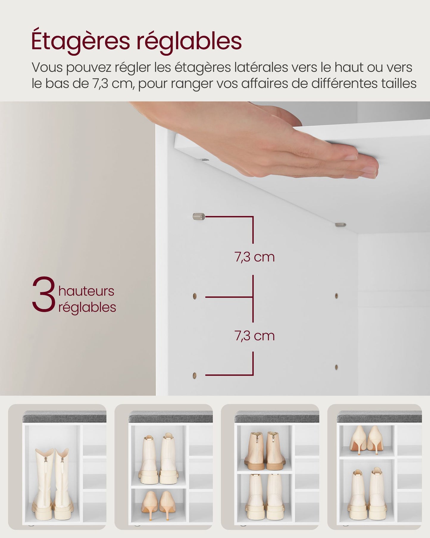 Banc Chaussures, 10 Compartiments, Banc Rangement Chaussures, Banc Chaussures Entrée, avec Coussin Rembourré, Blanc, VASAGLE, 5