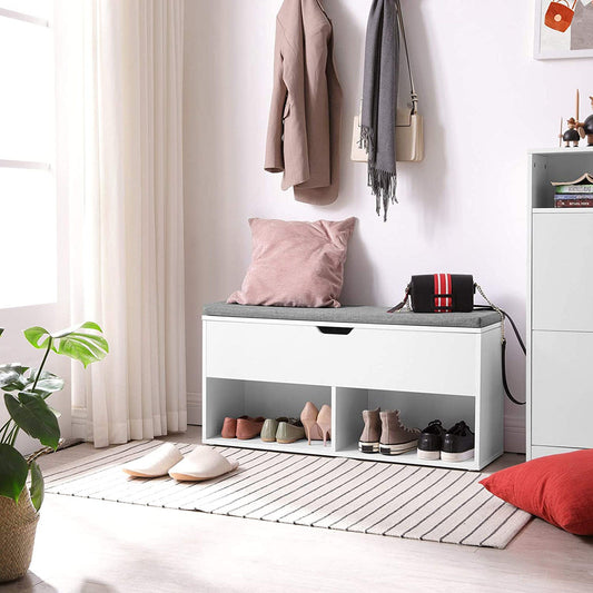 Banc a Chaussure, avec coussin, Banc Entrée, Les 2 compartiments ouverts, 100 cm de long, Blanc Gris, VASAGLE, 1