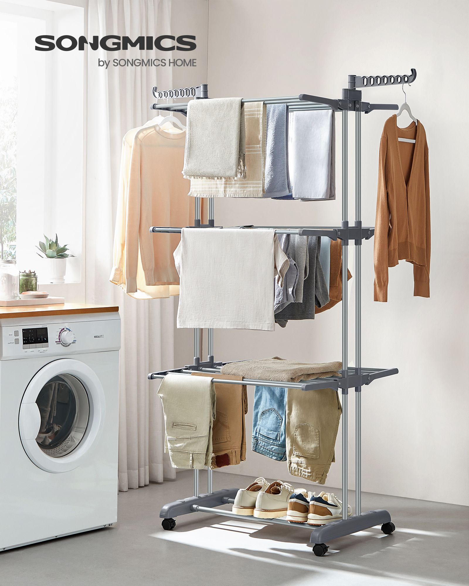 Étendoir a linge, 4 Niveaux, sechoir a linge, avec roulettes, Grande Capacité, Gris, SONGMICS, 8