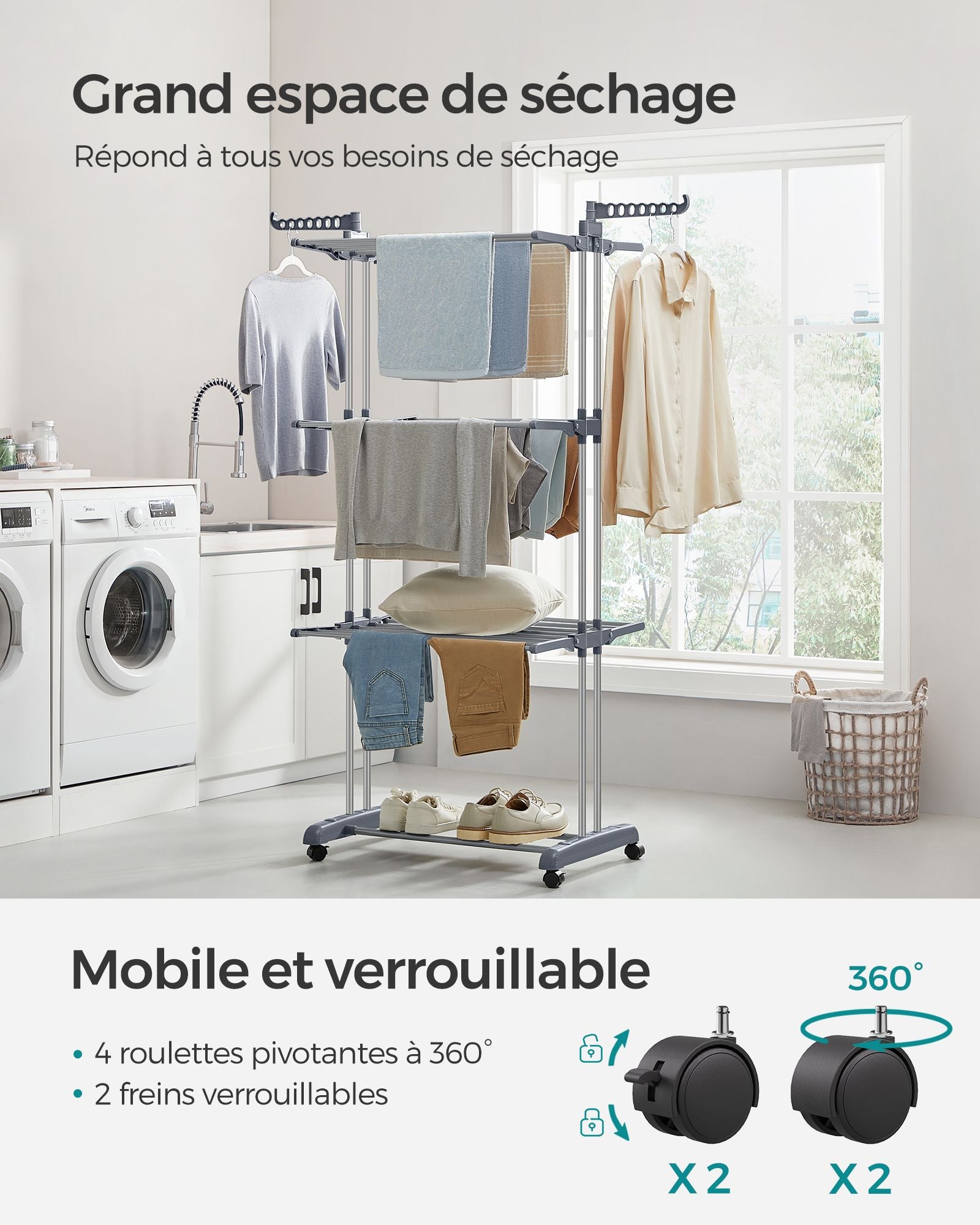 Étendoir a linge, 4 Niveaux, sechoir a linge, avec roulettes, Grande Capacité, Gris, SONGMICS, 4