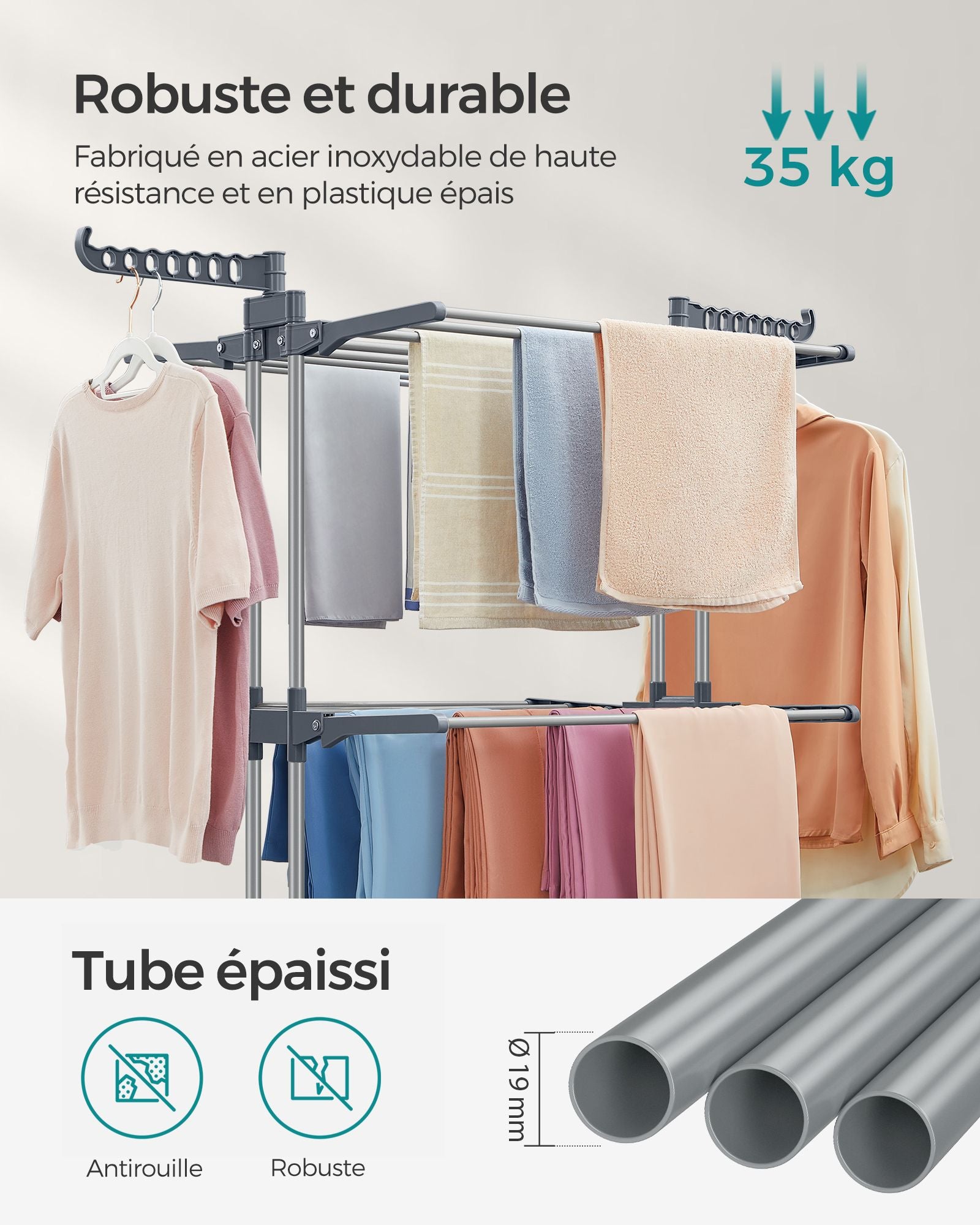 Étendoir a linge, 4 Niveaux, sechoir a linge, avec roulettes, Grande Capacité, Gris, SONGMICS, 5
