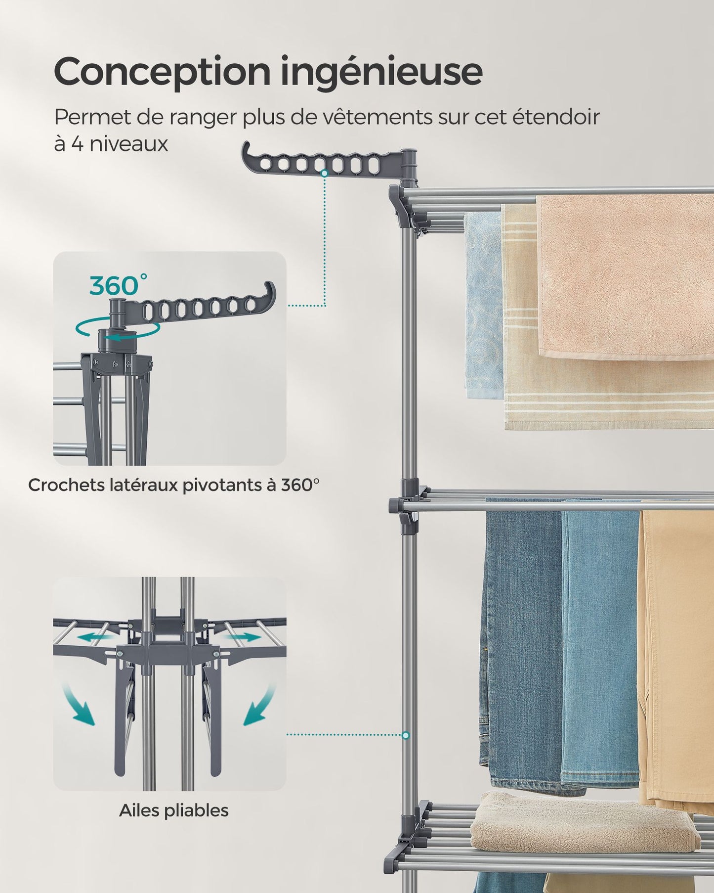 Étendoir a linge, 4 Niveaux, sechoir a linge, avec roulettes, Grande Capacité, Gris, SONGMICS, 3