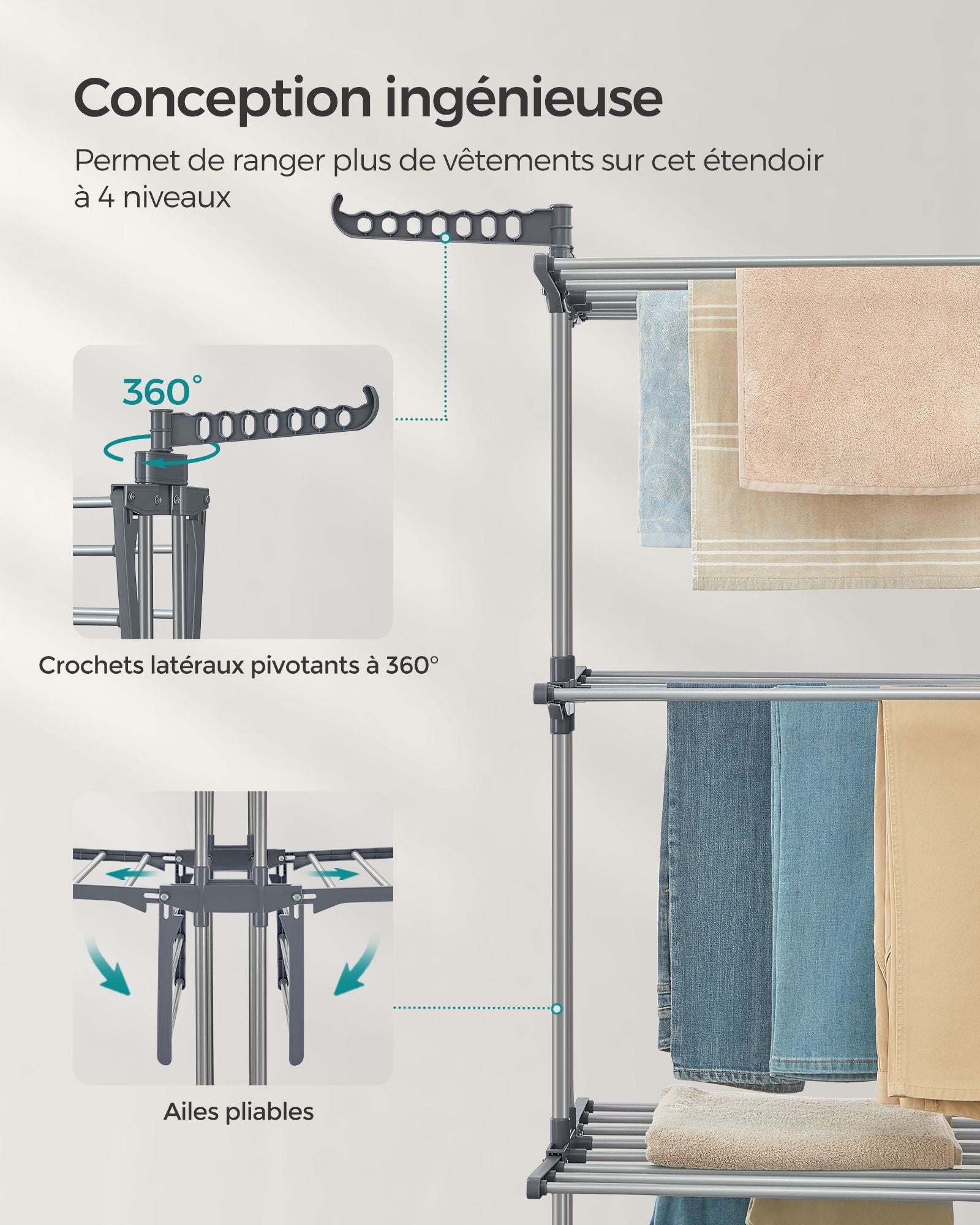 Étendoir a linge, 4 Niveaux, sechoir a linge, avec roulettes, Grande Capacité, Gris, SONGMICS, 3