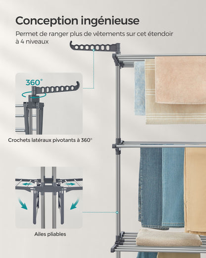 Étendoir a linge, 4 Niveaux, sechoir a linge, avec roulettes, Grande Capacité, Gris, SONGMICS, 3