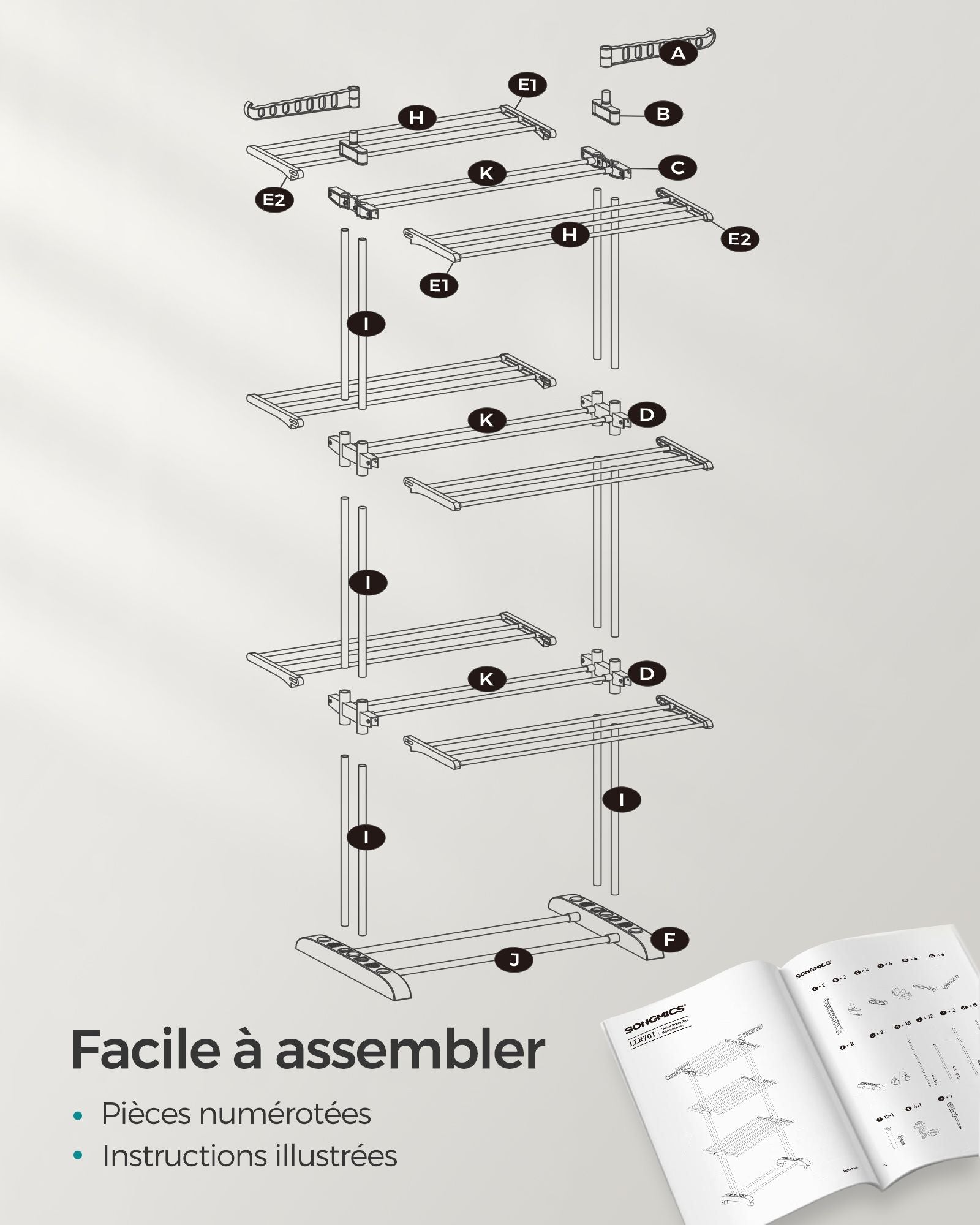 Étendoir a linge, 4 Niveaux, sechoir a linge, avec roulettes, Grande Capacité, Gris, SONGMICS, 7
