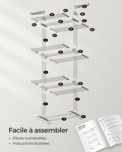 Étendoir a linge, 4 Niveaux, sechoir a linge, avec roulettes, Grande Capacité, Gris, SONGMICS, 7