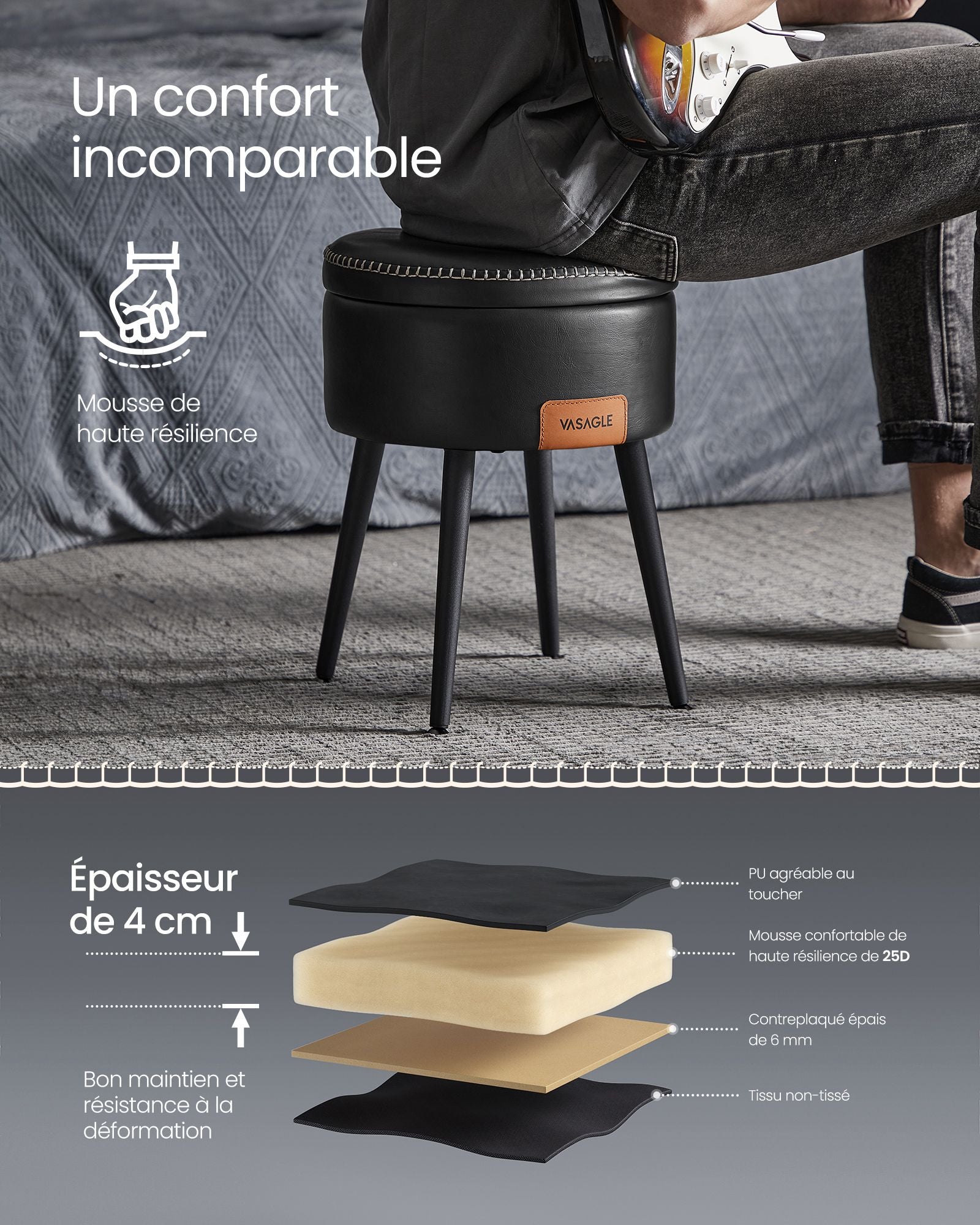 Pouf, Pouf de Rangement, Ottomans, Abouret de Coiffeuse, Tabouret de Rangement, PU avec Coutures, Noir d'encre, VASAGLE, 5